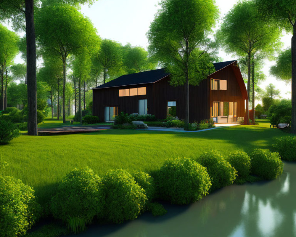 Modern house with dark paneling surrounded by lush greenery and calm pond under warm sunlight