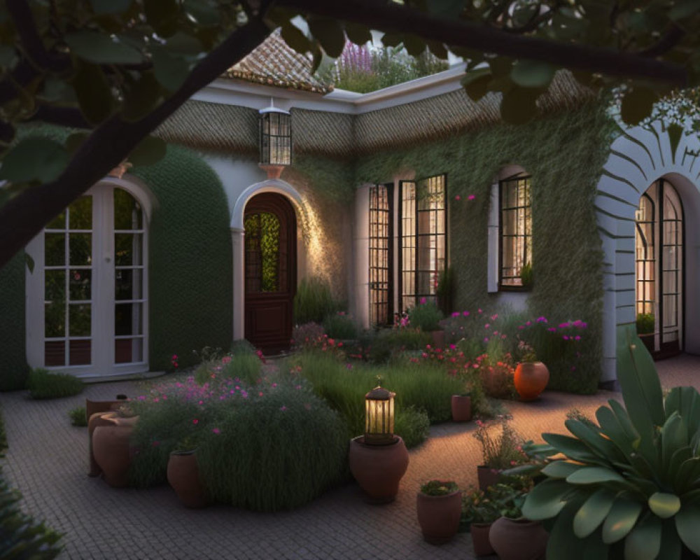 Twilight garden patio with illuminated windows, leafy plants, and decorative pottery.