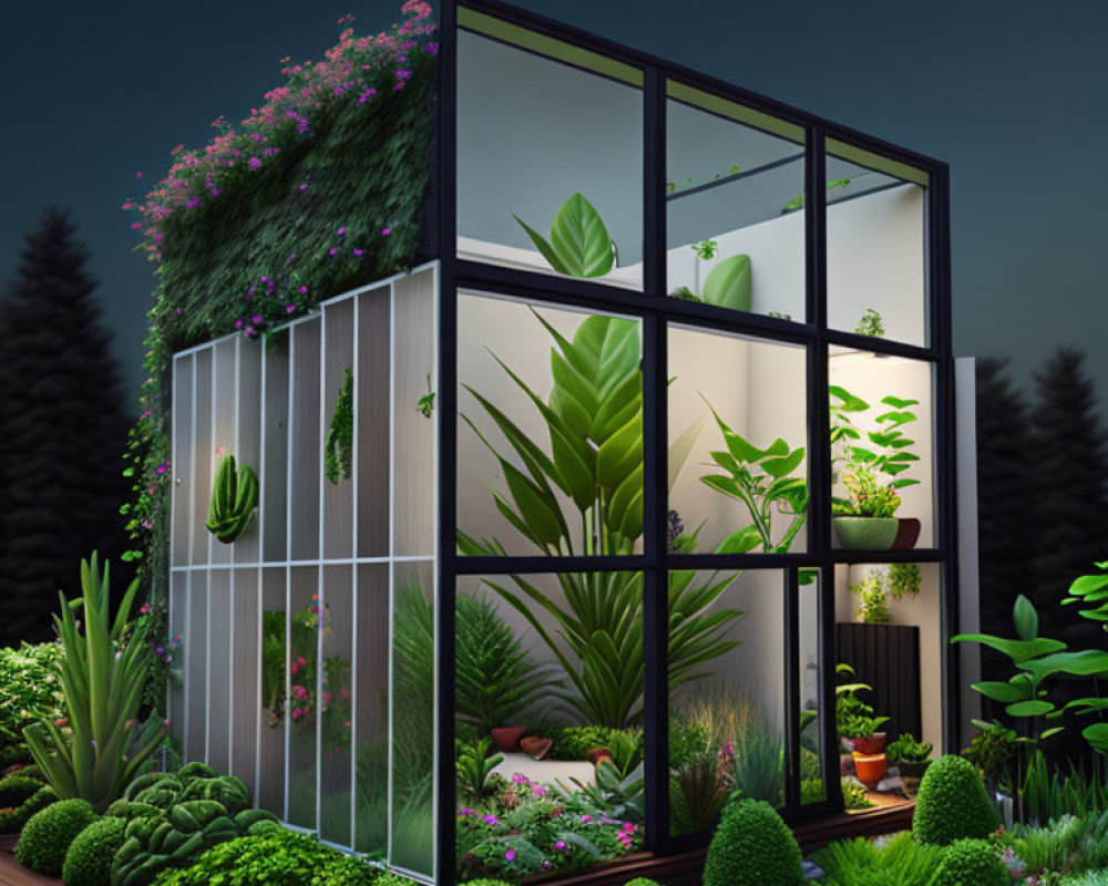 Modern Black-Framed Greenhouse Surrounded by Lush Plants at Twilight