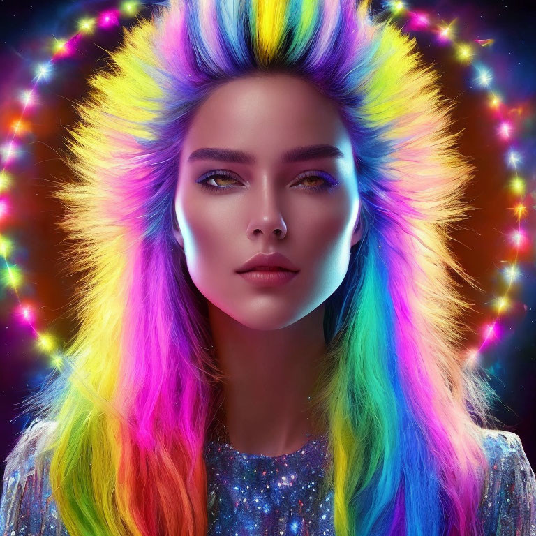 Vibrant rainbow-colored hair and shimmering attire portrait on dark background