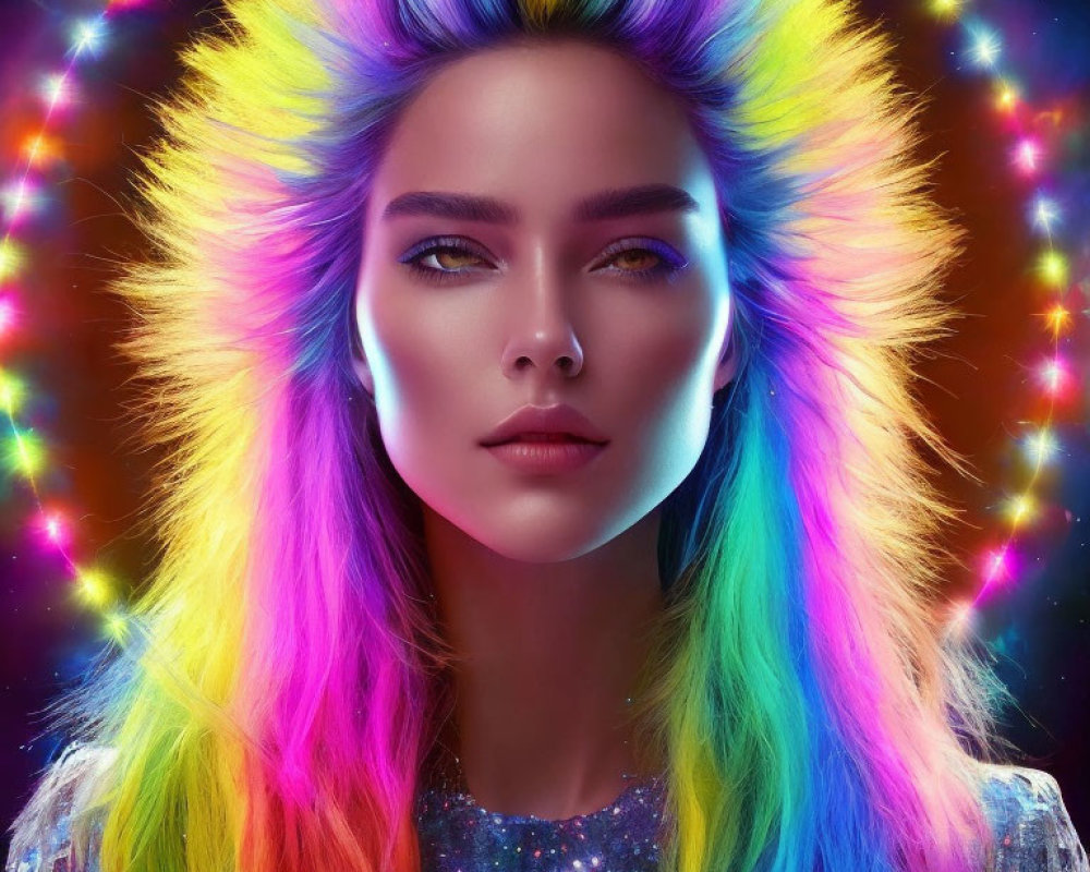 Vibrant rainbow-colored hair and shimmering attire portrait on dark background