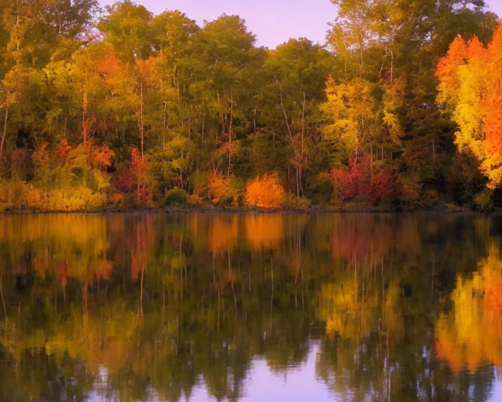 Tranquil lake reflects vibrant autumn foliage.