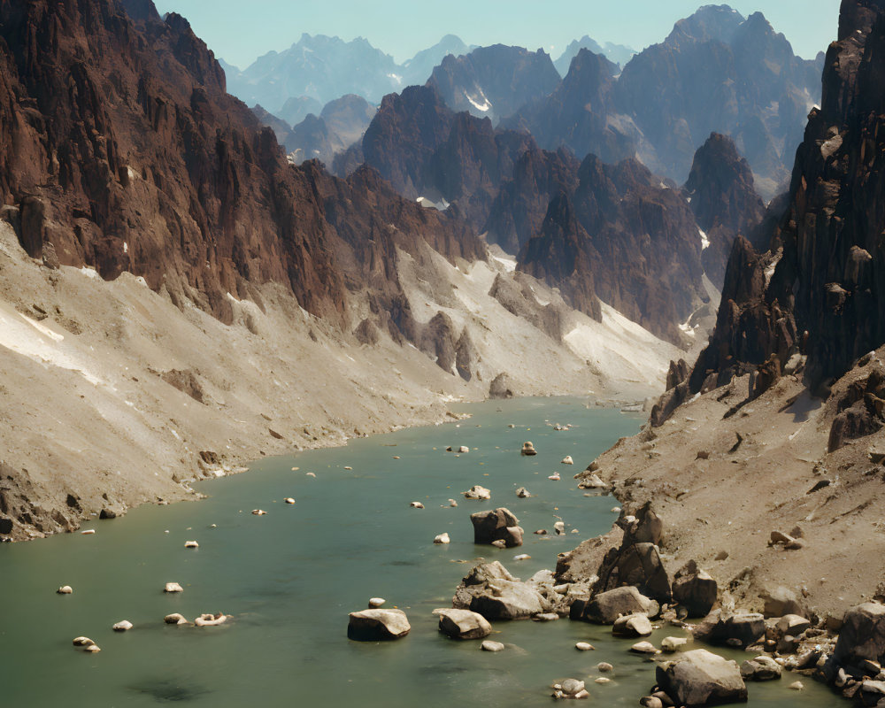 Serene river in rugged mountain landscape with steep cliffs