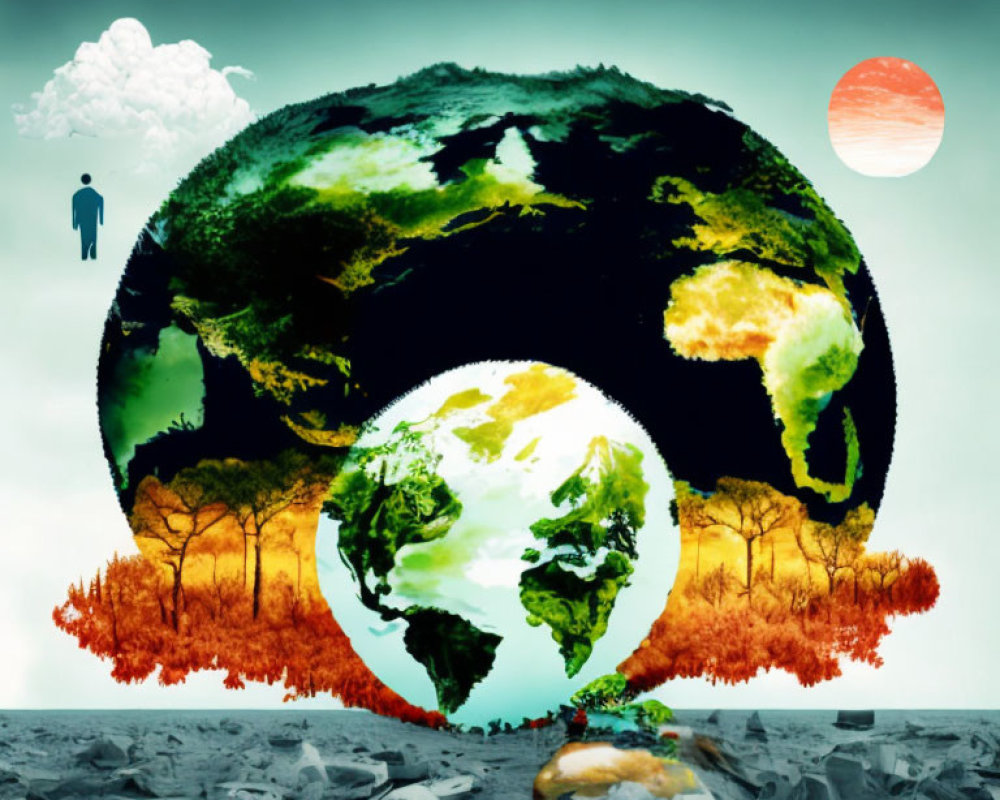 Surreal inverted globe artwork shows environmental issues and person silhouette