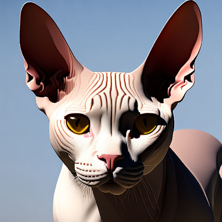 Realistic digital rendering of a Sphynx cat with unique features and lifelike shading.