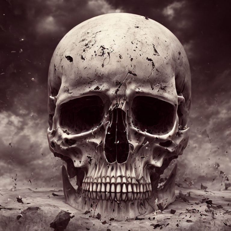 Monochrome human skull on textured ground under cloudy sky