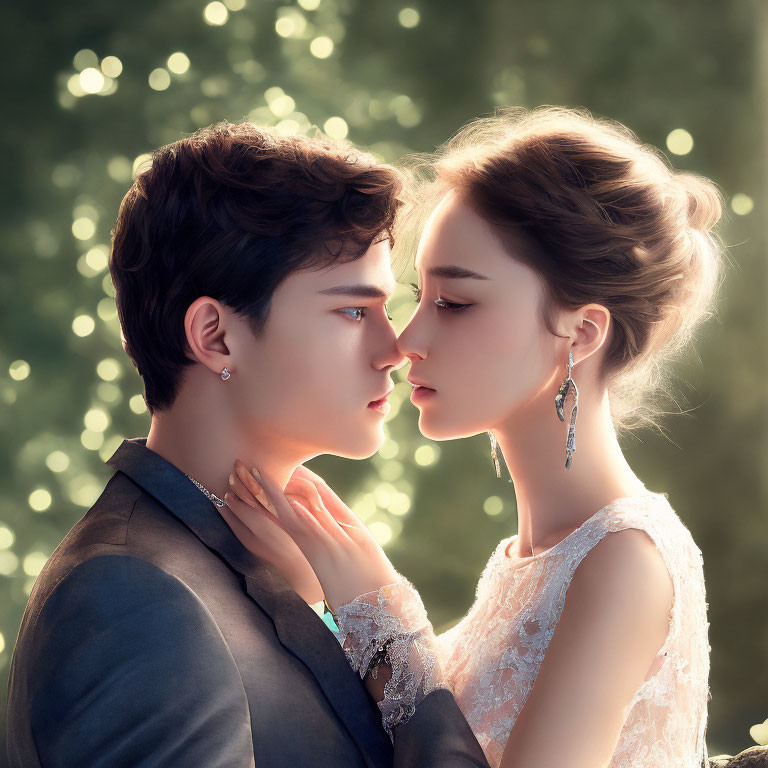 Elegant couple in soft light with bokeh background