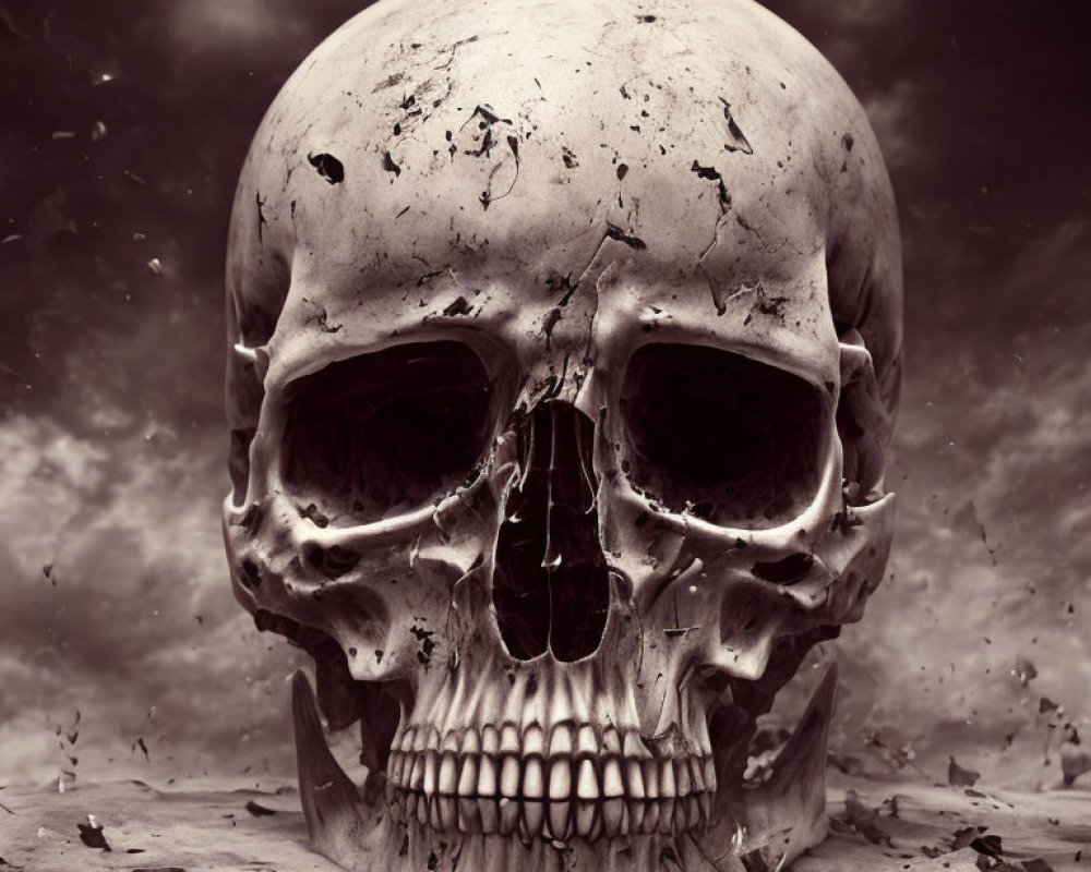 Monochrome human skull on textured ground under cloudy sky