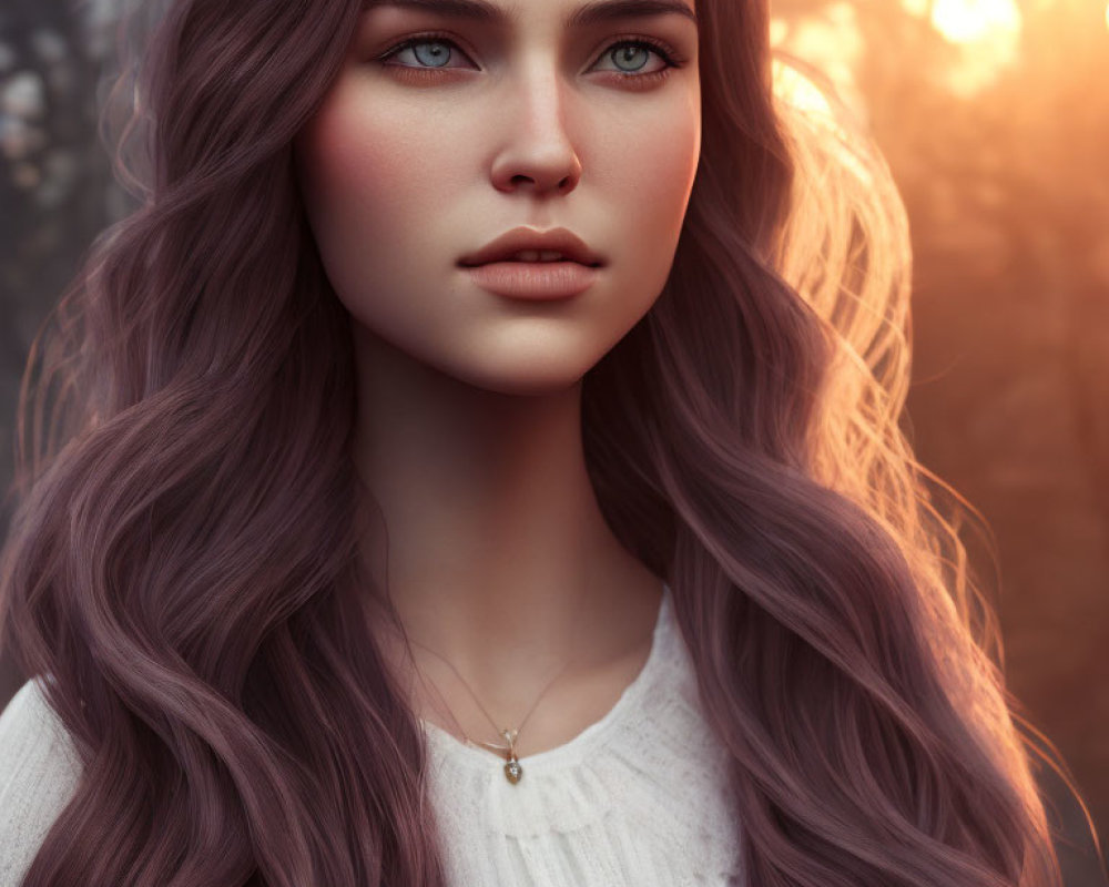 Portrait of woman with long wavy hair and blue eyes in warm sunlight