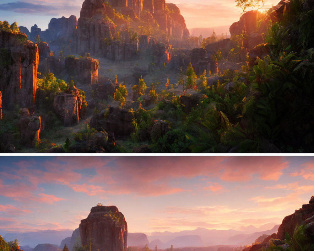 Vibrant jungle scene with towering rock formations at sunrise