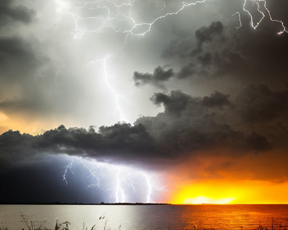 Thunderstorm with Lightning Strikes Over Water at Sunset