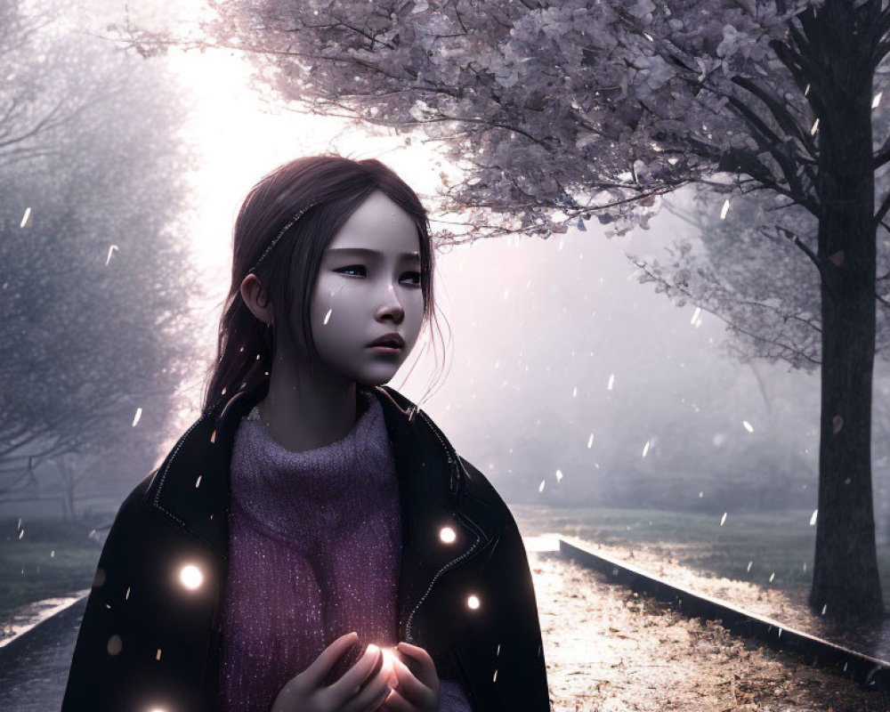 Young girl under cherry blossom tree in misty rain with glowing orbs and soft light.