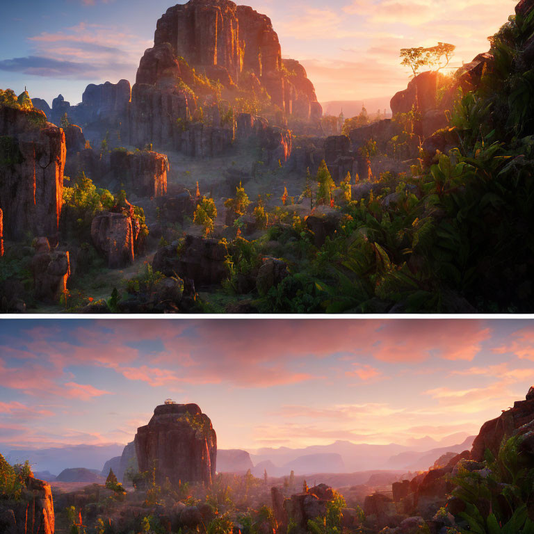 Vibrant jungle scene with towering rock formations at sunrise