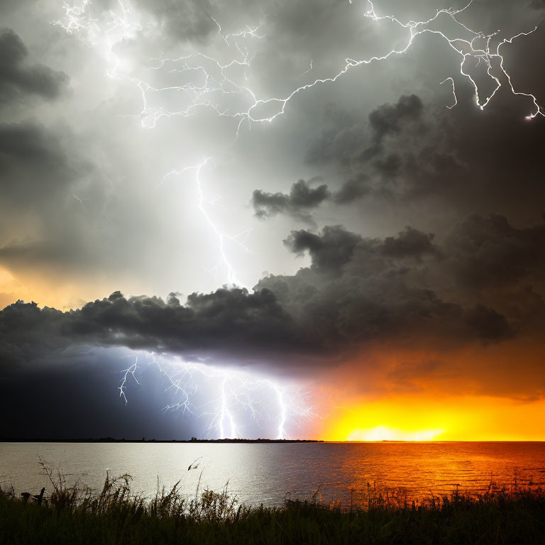 Thunderstorm with Lightning Strikes Over Water at Sunset