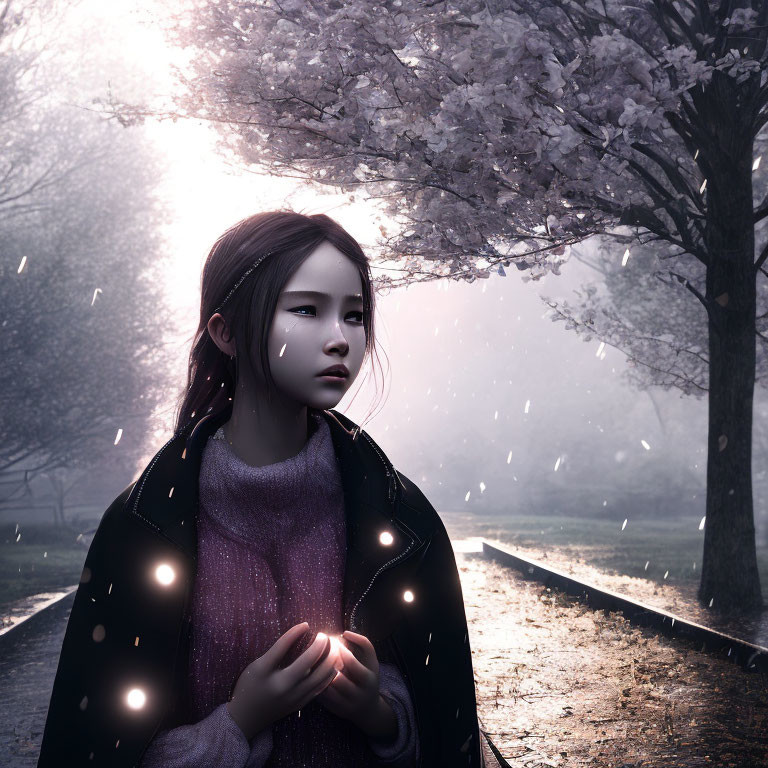 Young girl under cherry blossom tree in misty rain with glowing orbs and soft light.