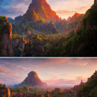 Vibrant jungle scene with towering rock formations at sunrise