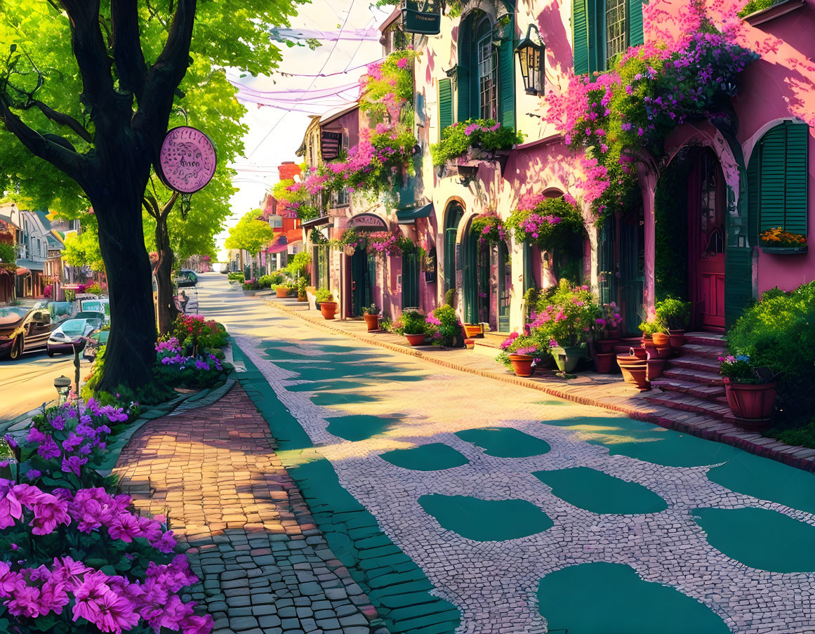 Charming street scene with pink facades, cobbled pathways, and lush greenery