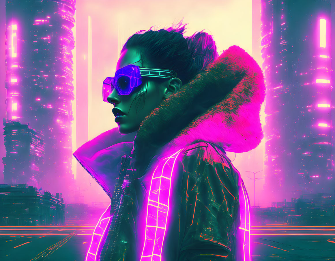 Futuristic attire with reflective glasses and fur-collared jacket in neon-lit cityscape