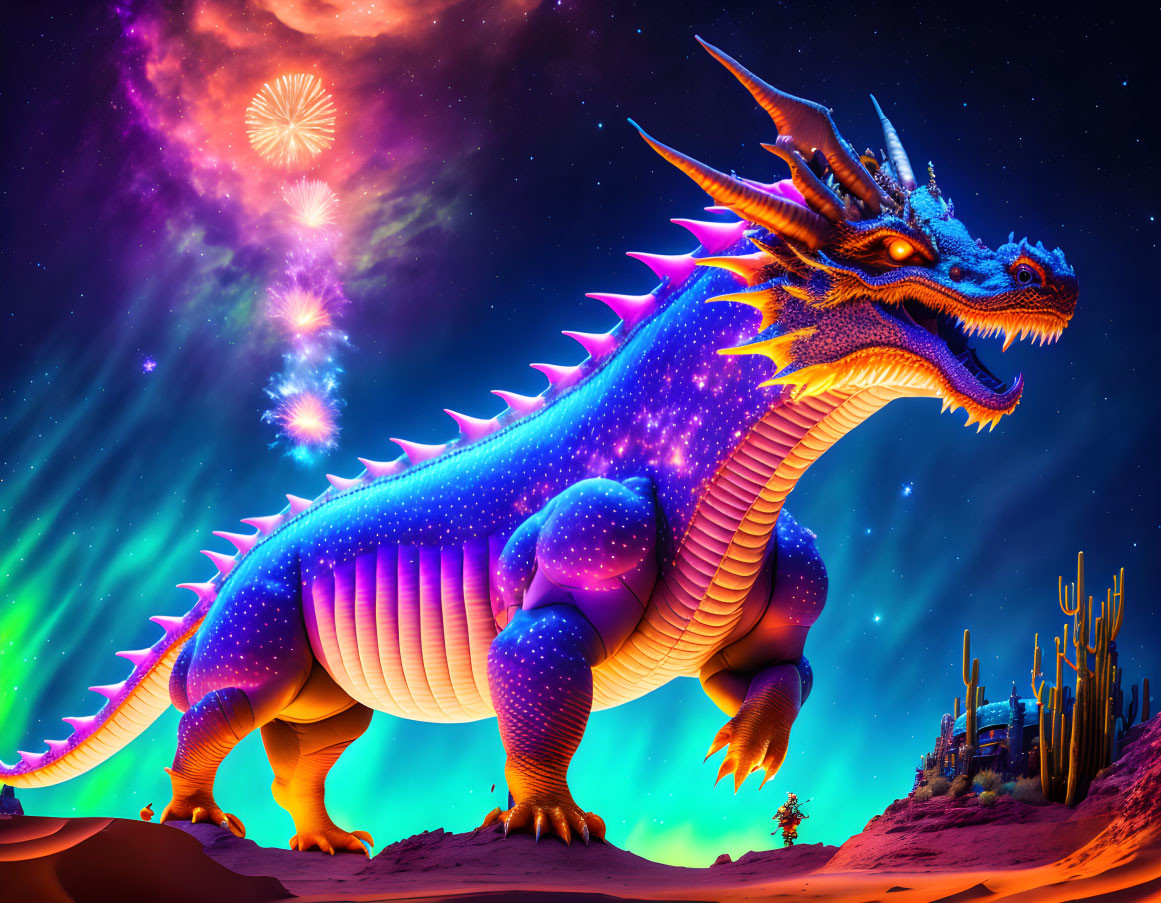 Colorful Dragon in Desert Night Sky with Fireworks