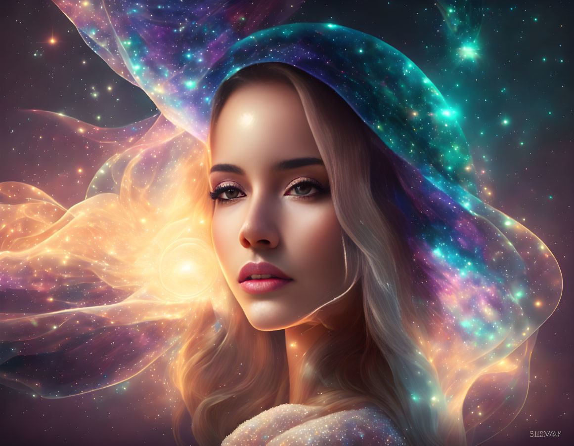 Digital artwork: Woman with cosmic elements and vibrant nebulas seamlessly blending with hair.