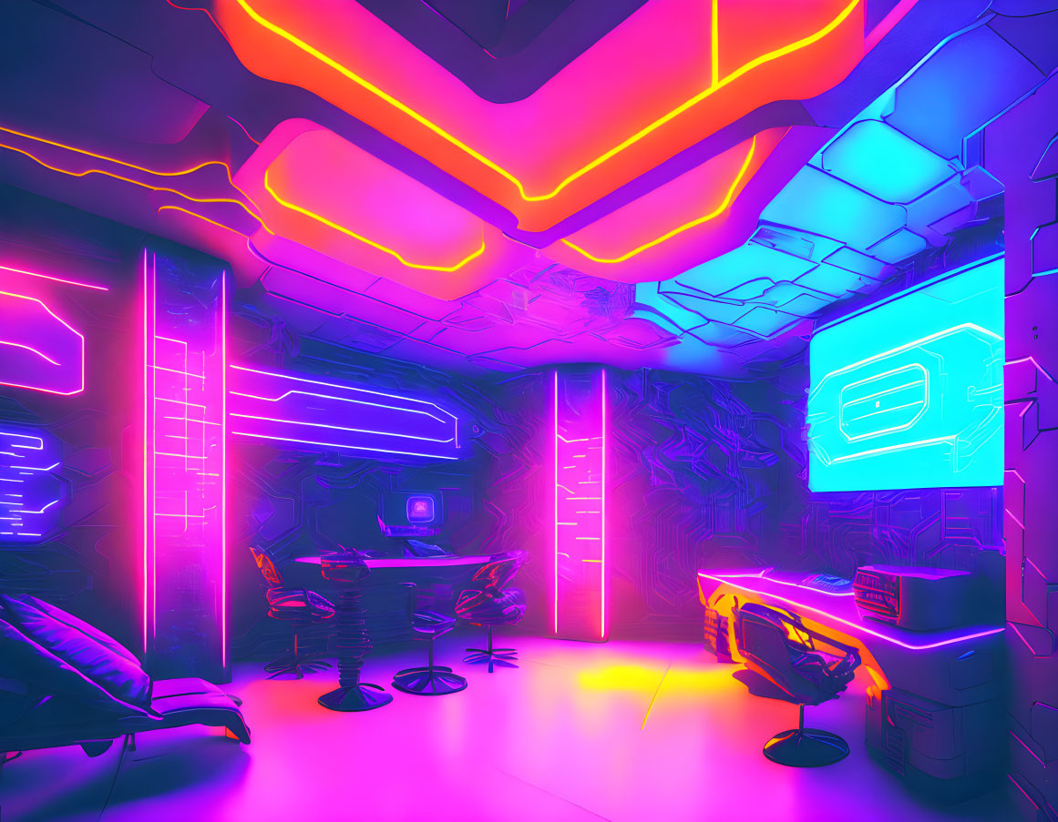 Neon-lit futuristic room with computer desk and gaming chair