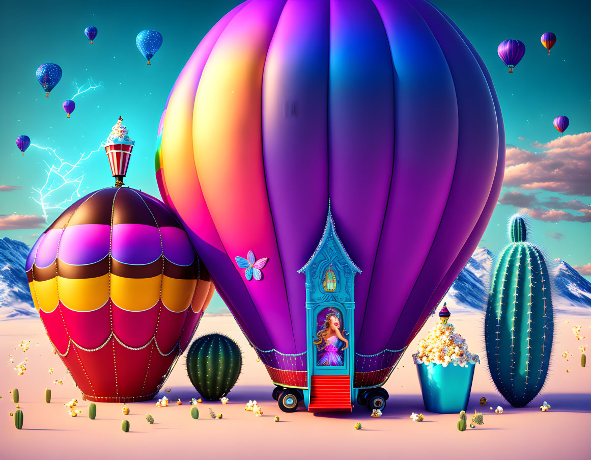 Colorful desert scene with hot air balloons and woman on balcony at twilight