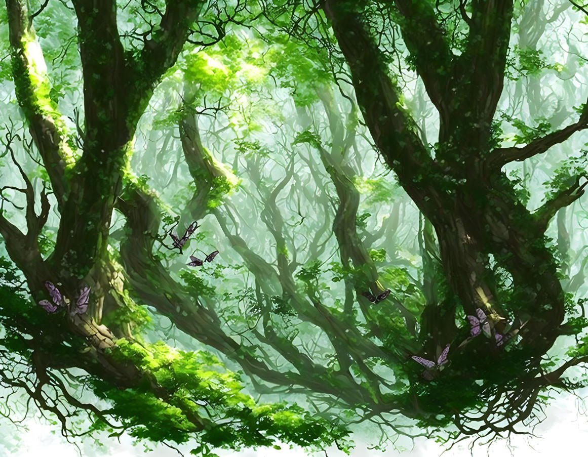 Sunlit forest with green foliage, twisting tree trunks, and purple butterflies.