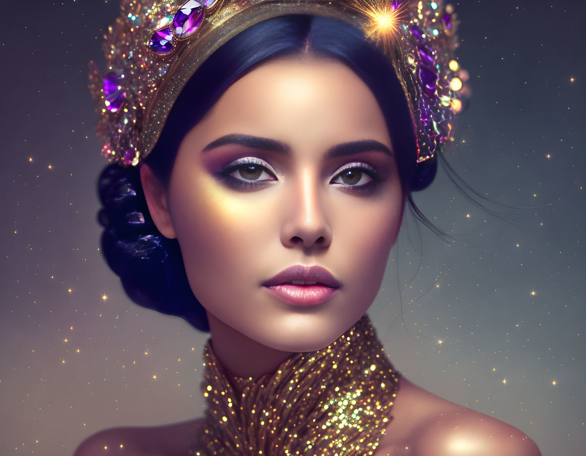 Woman's digital portrait with ornate golden crown and matching neck piece against moody backdrop