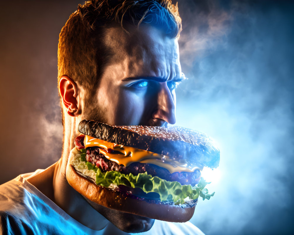 Man with wide open mouth biting into smoking cheeseburger against colorful background