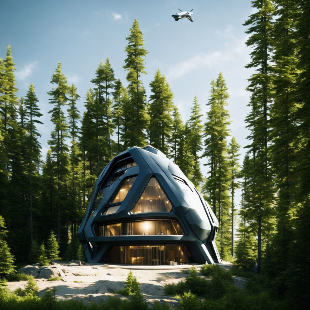 Futuristic cabin in dense pine forest with drone flying overhead