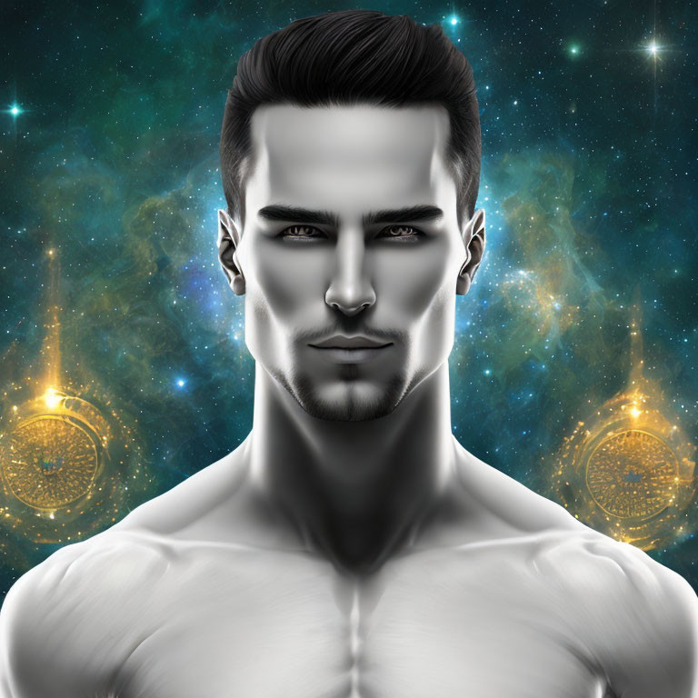 Stylized male figure with cosmic background and glowing symbols.