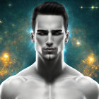 Stylized male figure with cosmic background and glowing symbols.