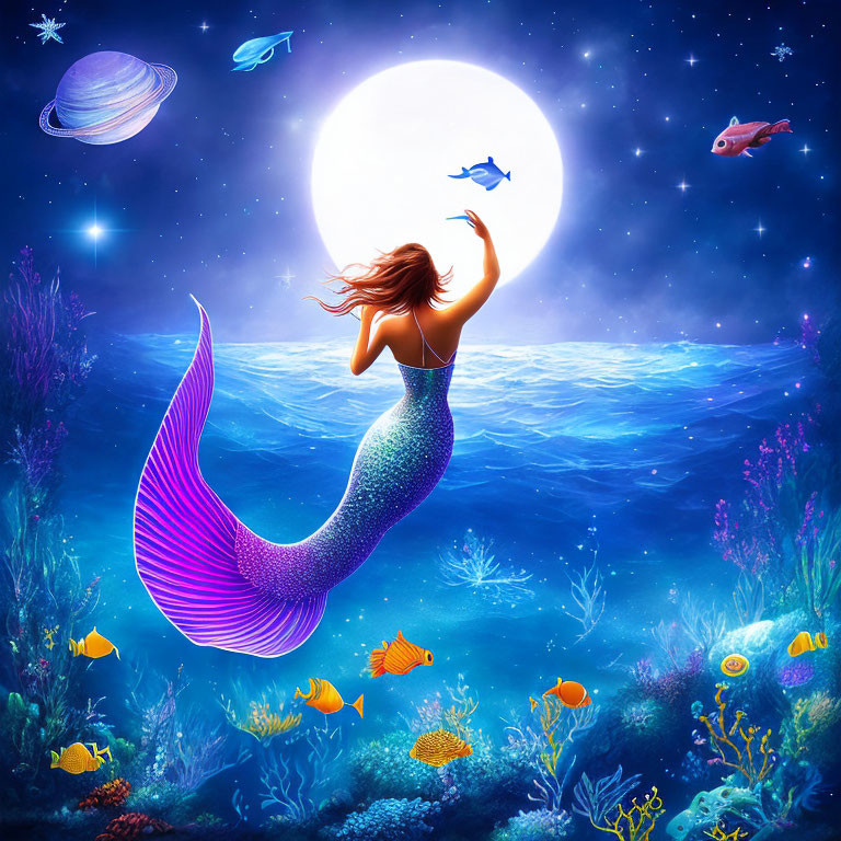 Mermaid reaching full moon in underwater scene