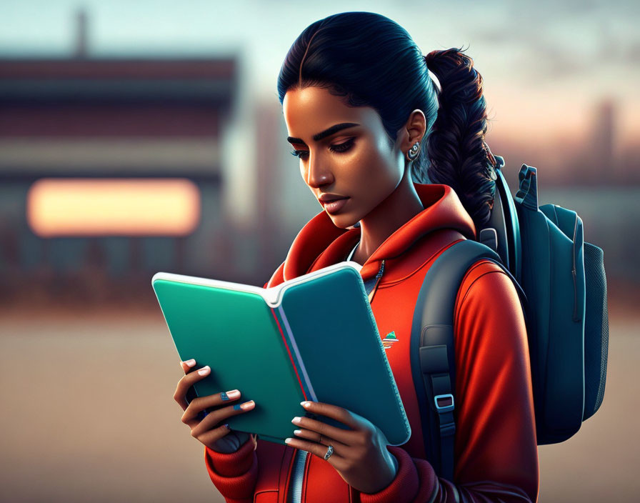 Woman in orange hoodie with braid reading book outdoors