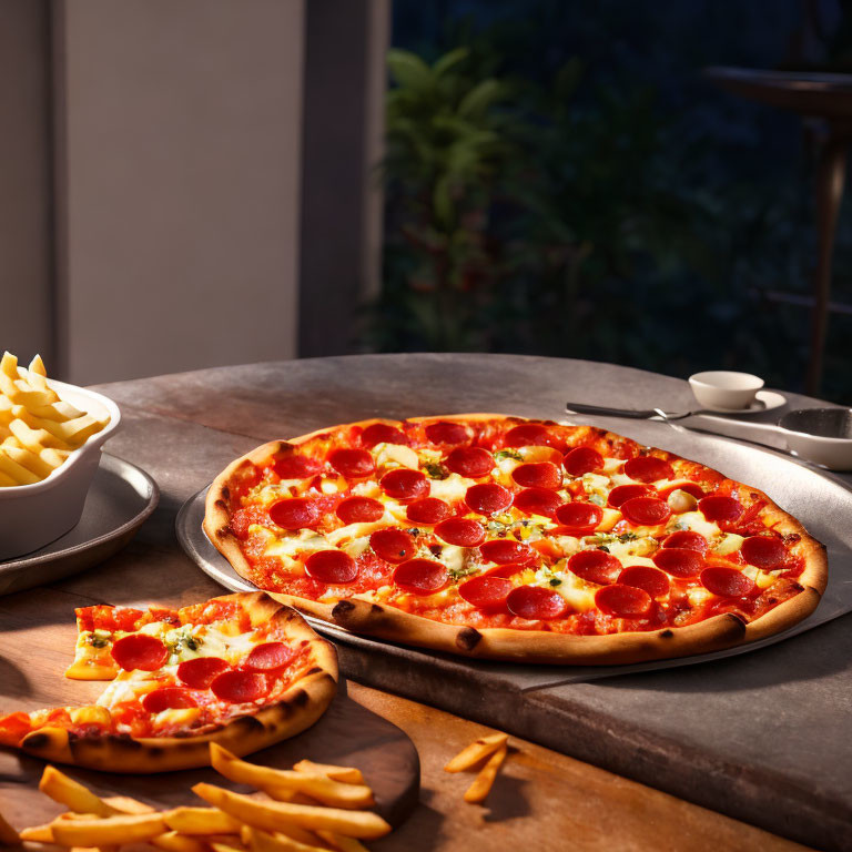 Pepperoni Pizza and French Fries on Table in Cozy Setting