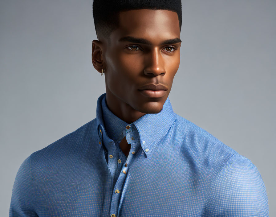 Striking man in buttoned blue shirt on grey background