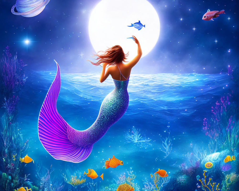 Mermaid reaching full moon in underwater scene