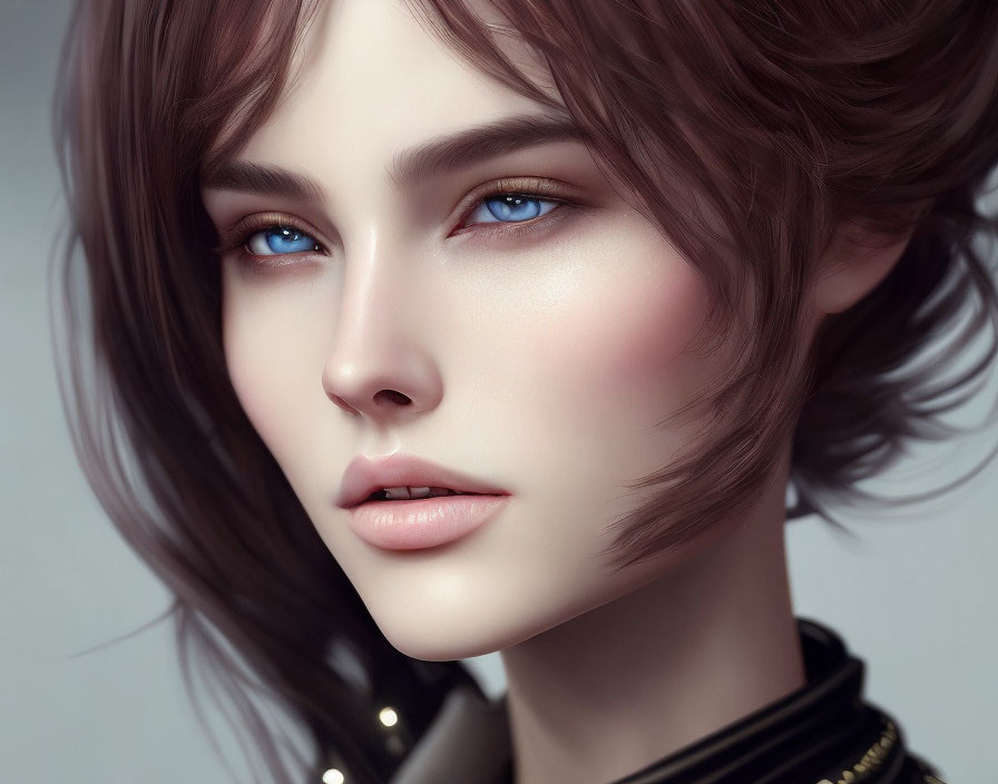 Detailed digital portrait of person with blue eyes, tousled brown hair, and pale skin.