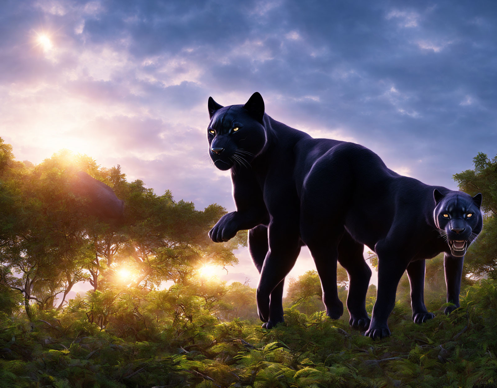 Black Panthers in Twilight Forest with Sunbeams