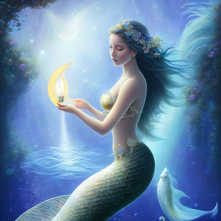 Mermaid with blue hair holding golden lamp under starry sky