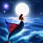 Mermaid reaching full moon in underwater scene