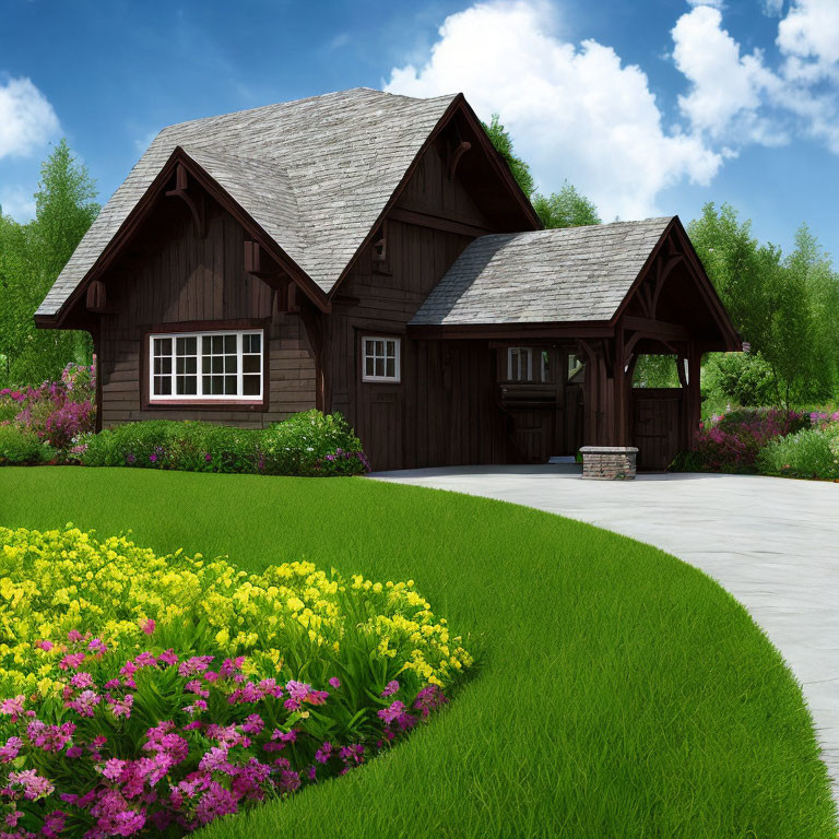 Brown wooden house with gabled roof in lush garden.