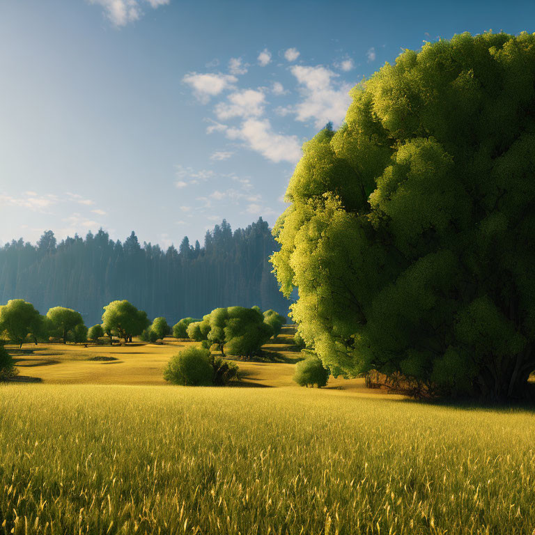 Scenic landscape with green trees, golden wheat field, and distant dark forest