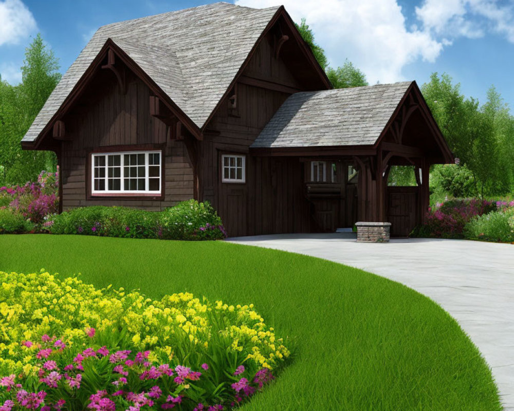 Brown wooden house with gabled roof in lush garden.