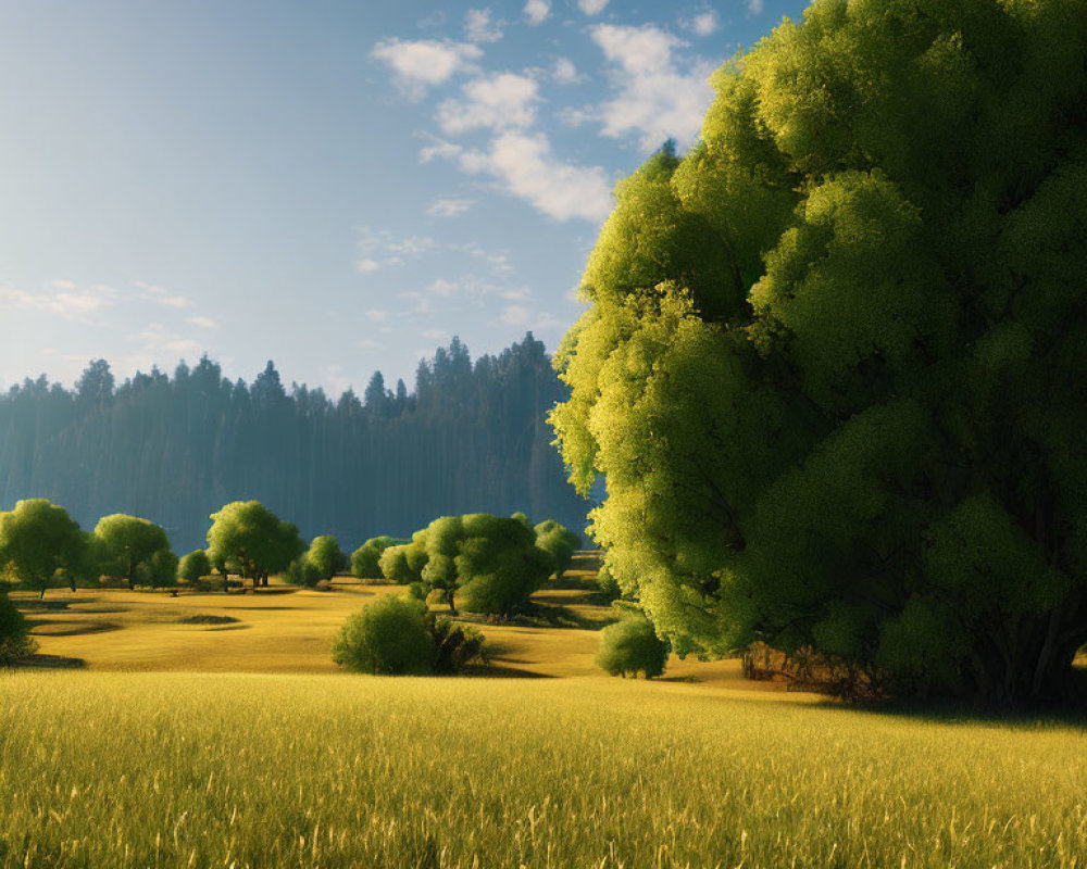 Scenic landscape with green trees, golden wheat field, and distant dark forest