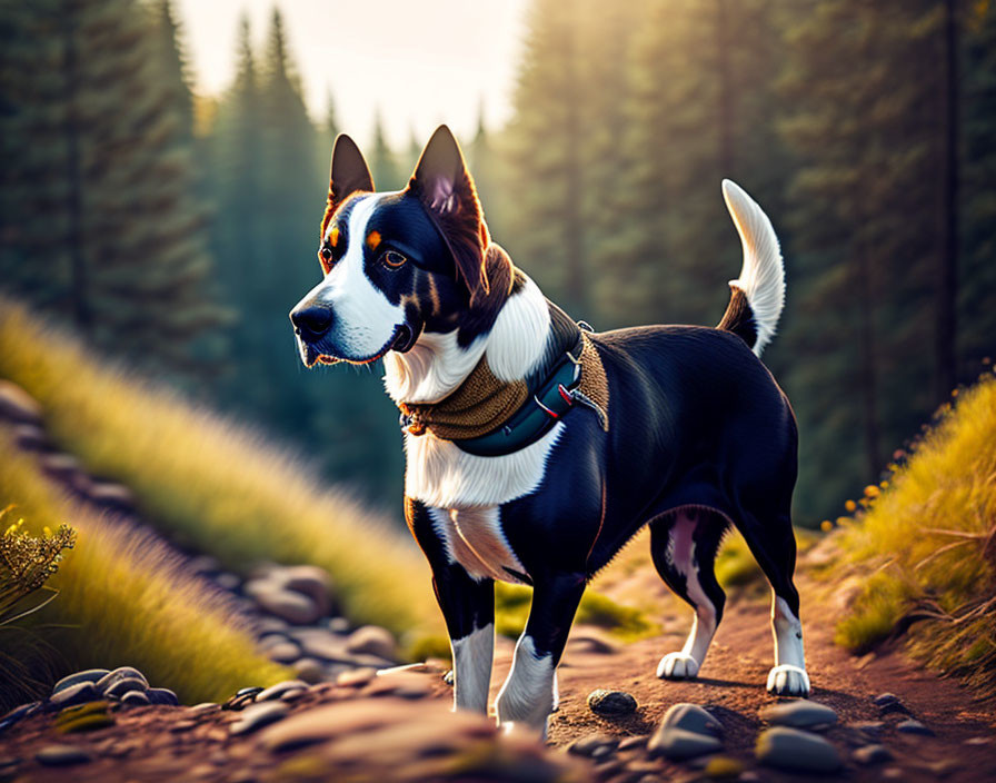 Tricolor dog in forest path at sunset with golden light.