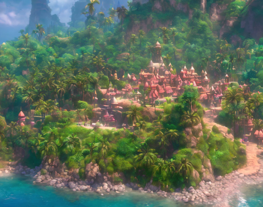 Vibrant fantasy landscape with lush jungle, mystical village, pink-roofed structures, towering cliffs