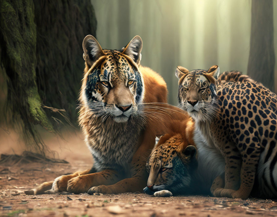 Tiger and leopards in serene forest scene