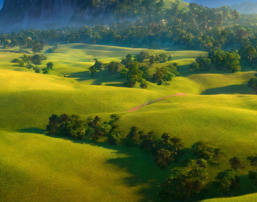 Lush green hills, trees, and winding path in sunlight