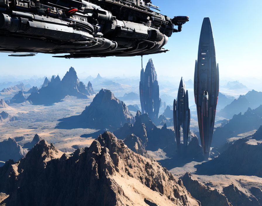 Futuristic spacecrafts in desert landscape with mountain peaks